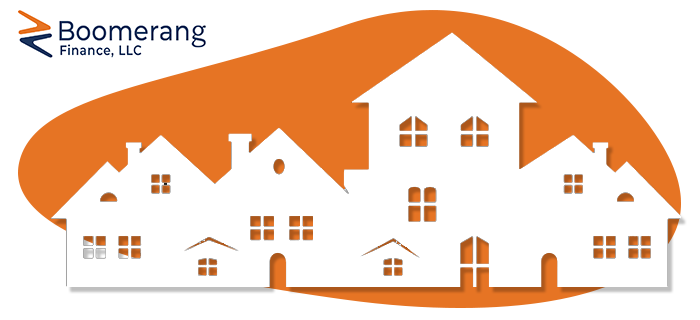 House Row Silhouette - white houses on orage backdrop - Boomerang Finance